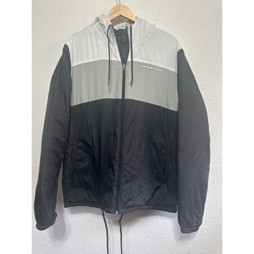 Mens Oakley Colorblock Hooded Lightweight Jacket Black White Gray Size L